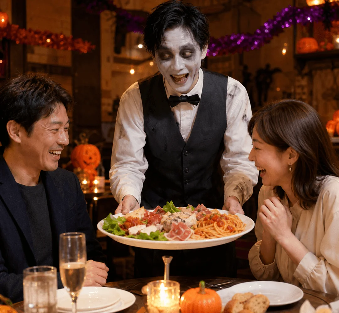 ゾンビメイクのスタッフが料理を運び、男女の参加者が笑っている様子